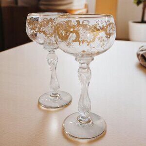 RARE Two Vintage French St. Louis Crystal Hock Wine Glasses Micado Pattern